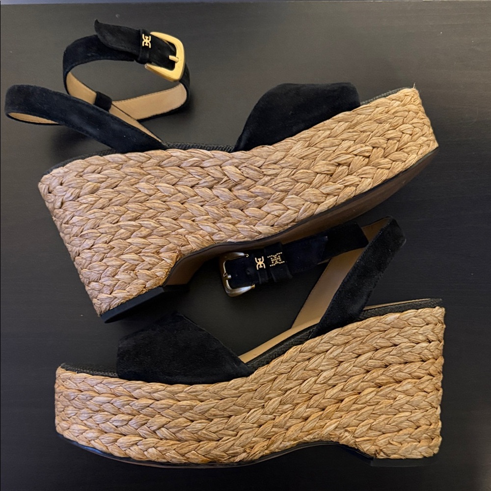 Sam Edelman Black and Tan Espadrille Wedges Size 10